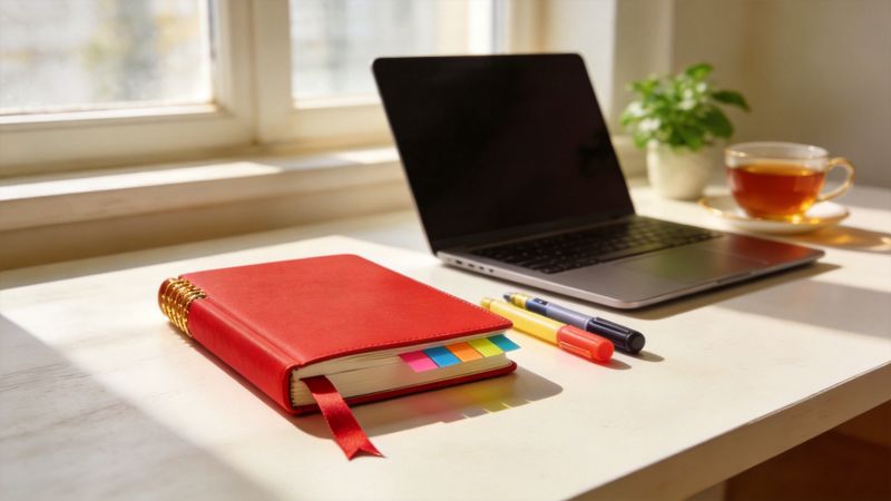 Red planner with colorful page tabs, highlighters, a laptop and tea on a sunny desk, ready for HSK exam planning