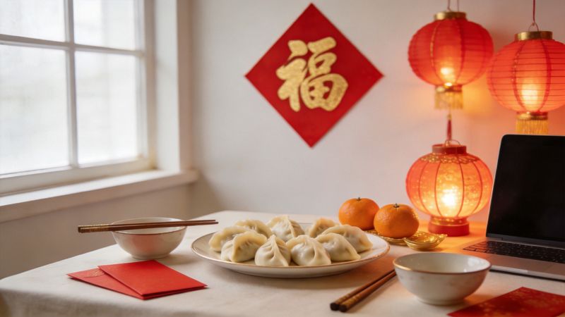 Chinese New Year table with dumplings, mandarin oranges, red envelopes and lanterns beneath a 福 (good fortune) sign