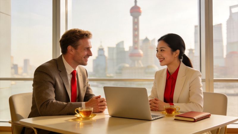 Two business professionals talking over tea and a laptop in an office overlooking the Shanghai skyline