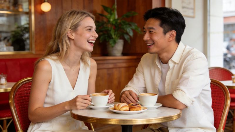 Two friends laughing over coffee and pastries in a Shanghai café while practicing everyday Chinese conversation