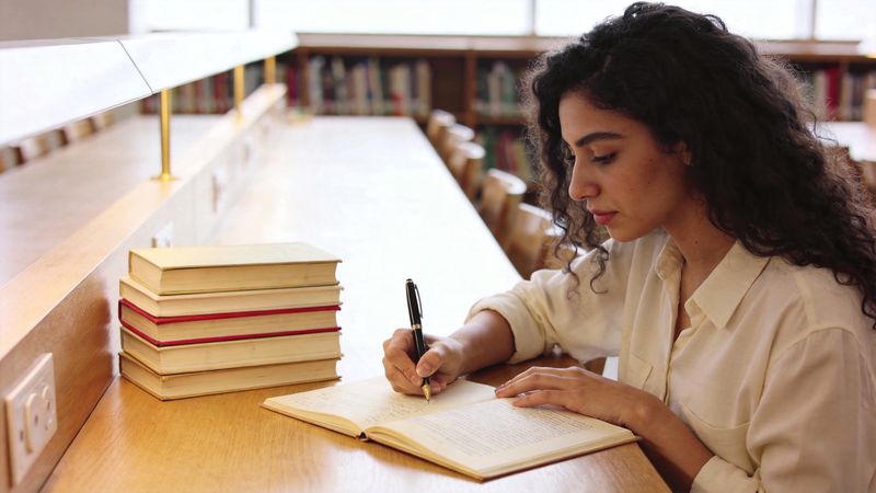 Student writing in a notebook with a fountain pen beside a stack of books in a bright library