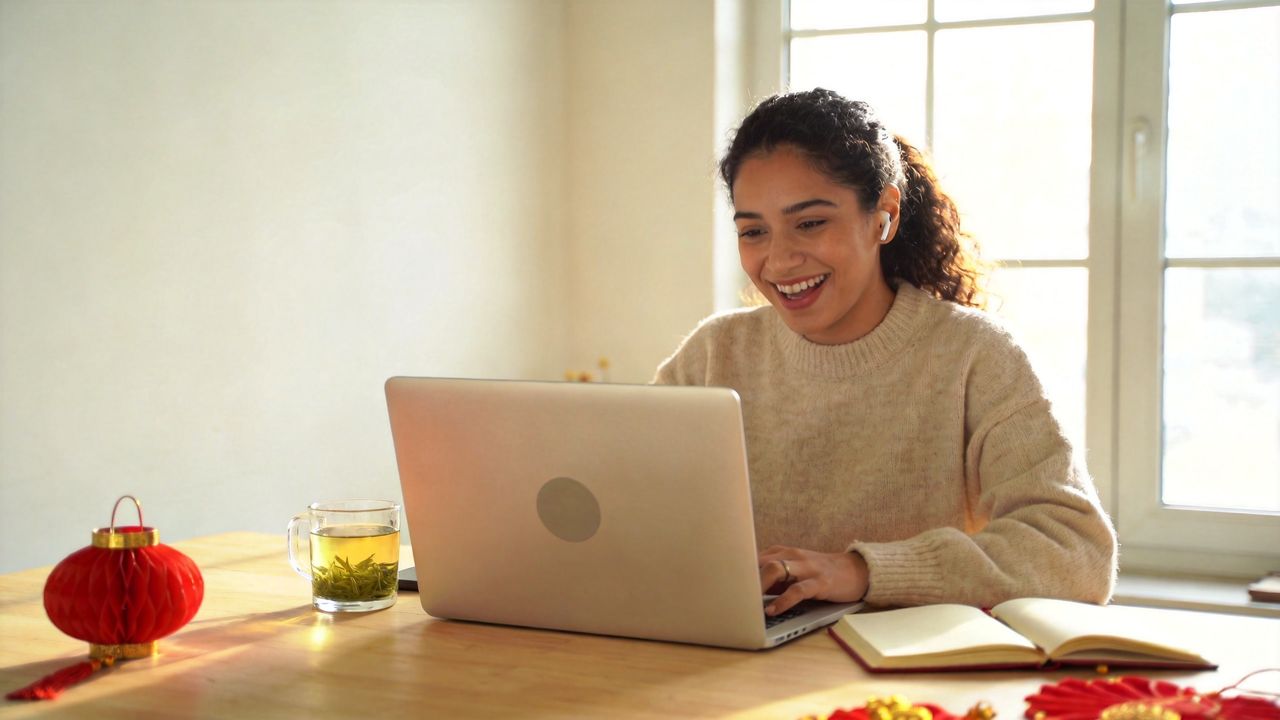 Smiling woman taking a live one-on-one online Chinese lesson on her laptop at a sunny desk with jasmine tea and a red paper lantern