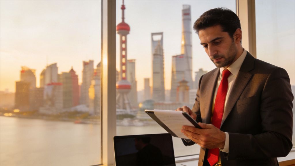 Businessman reviewing notes on a tablet by an office window overlooking the Shanghai skyline at sunset