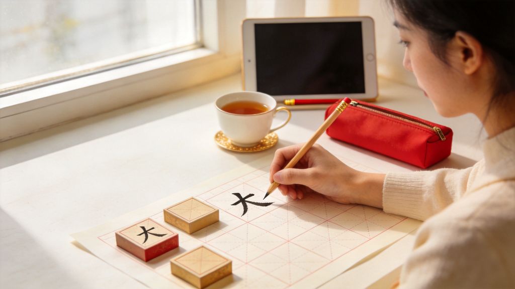 Learner writing the Chinese character 大 (big) in pencil on tianzige practice paper