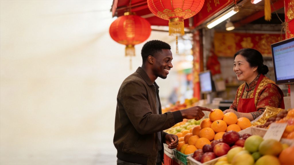 Smiling man buying oranges at a fruit stall in China, chatting with the vendor under red lanterns