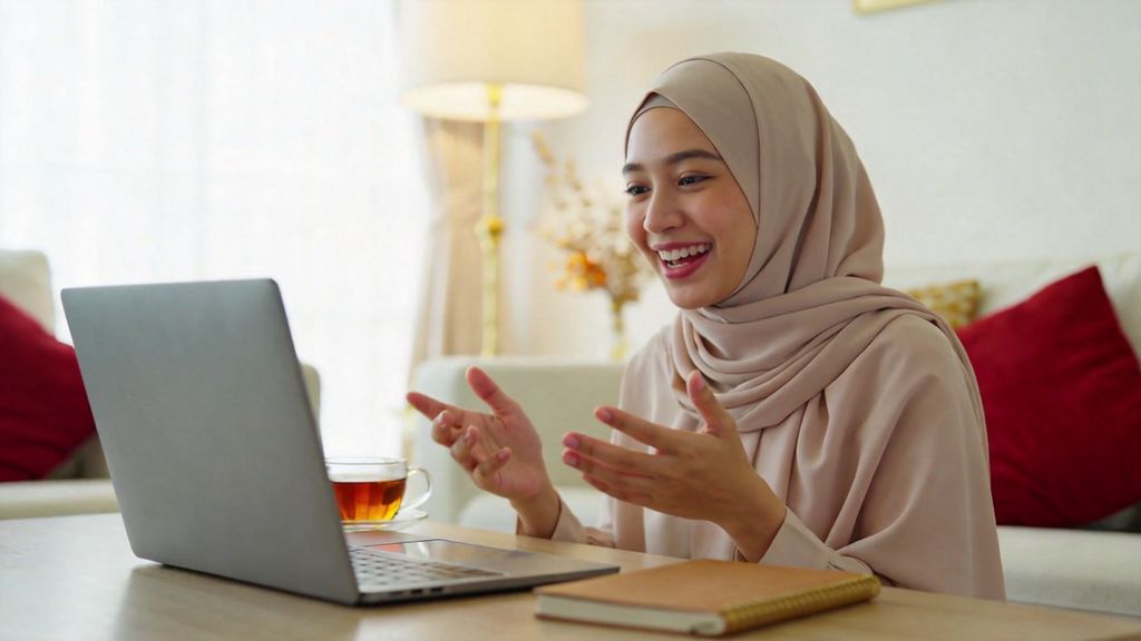 Woman in a hijab chatting happily in Chinese on a video call from her living room