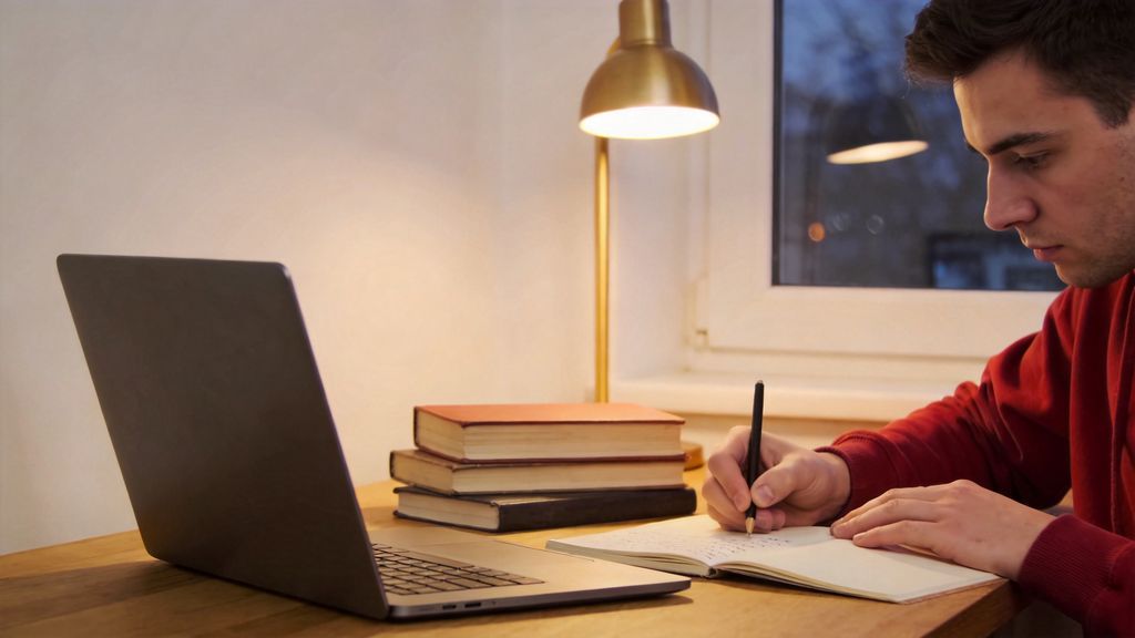 Young man writing an essay by hand at a desk with a laptop, books and a warm lamp