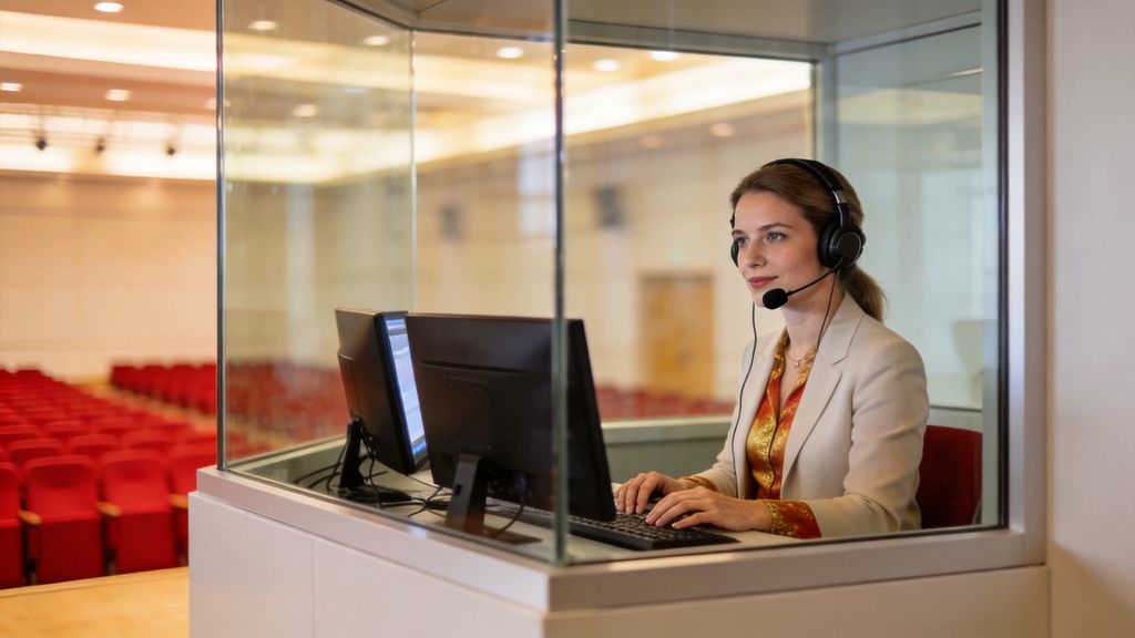 Professional interpreter with a headset working in a glass booth above a conference hall