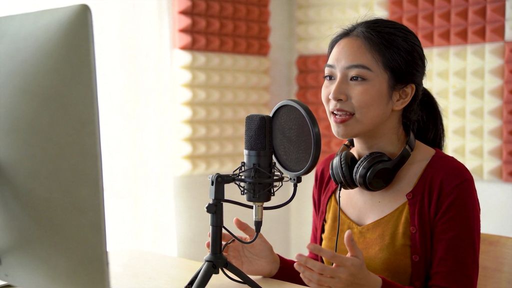 Young woman speaking into a studio microphone as she practices spoken Chinese for the HSKK exam