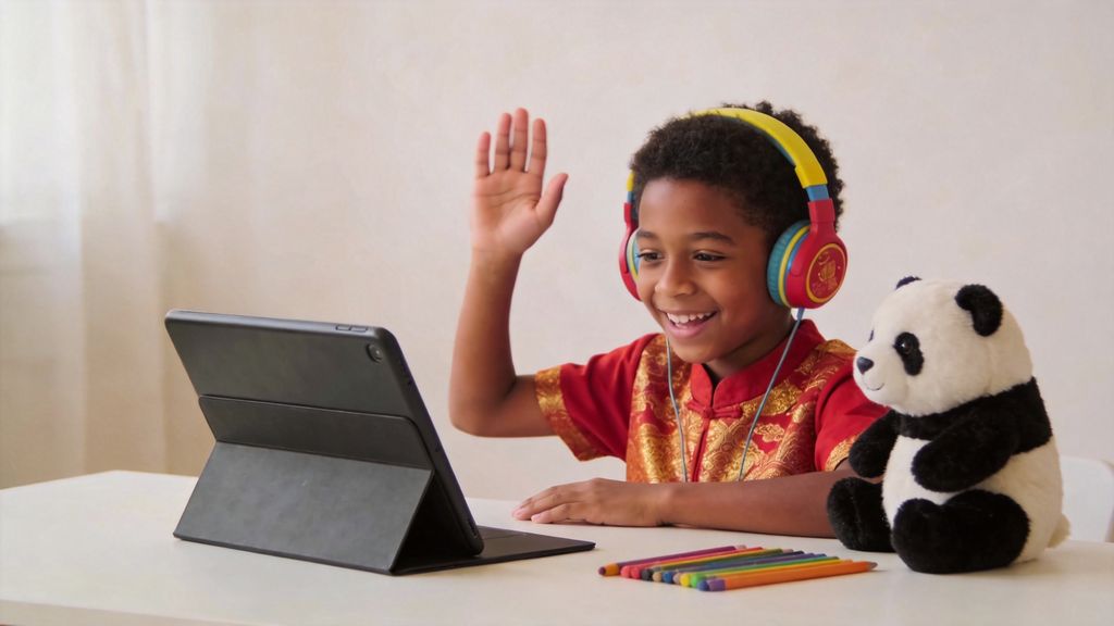 Excited boy with colorful headphones raising his hand in an online Chinese class, next to a toy panda