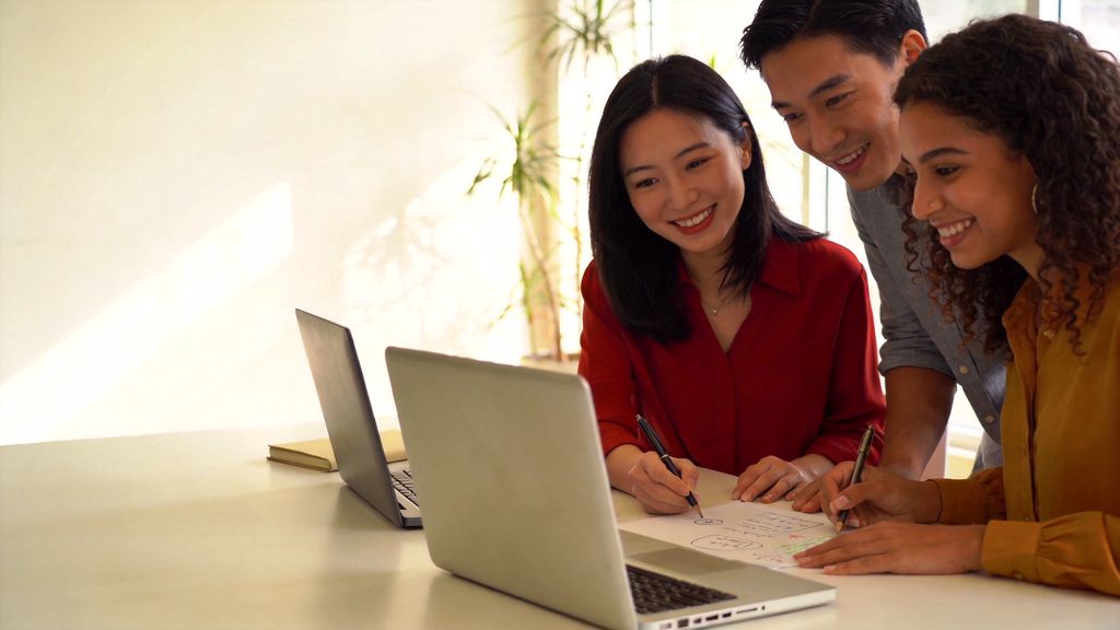 Team of Chinese language educators smiling as they sketch lesson ideas together beside a laptop