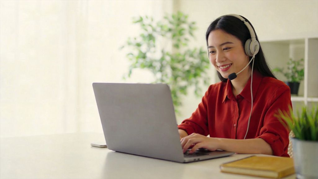 Friendly support specialist with a headset smiling as she helps a learner from her laptop
