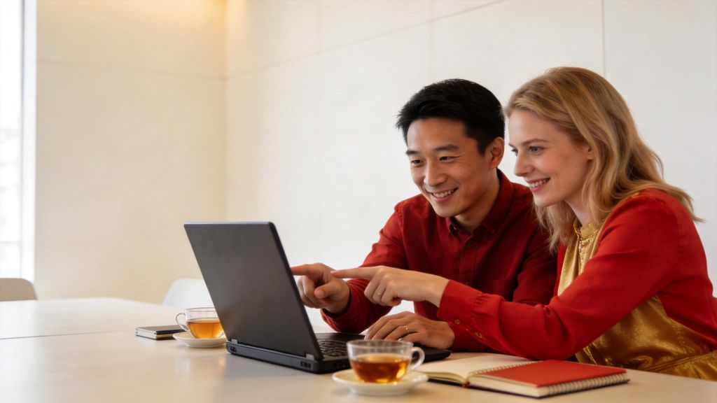Two colleagues smiling and pointing at a laptop during a partnership meeting