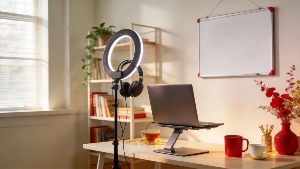 Online teaching studio with a laptop on a stand, a ring light, a headset, a blank whiteboard and bookshelves