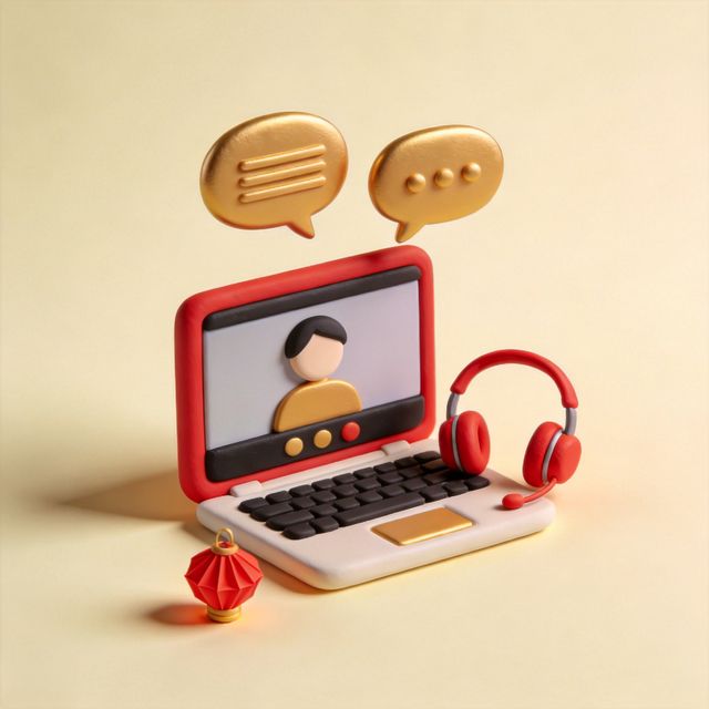 3D illustration of a laptop video call with a teacher avatar, a red headset and speech bubbles