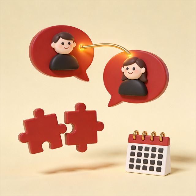 3D illustration of two speech bubbles with student and teacher avatars linked together, plus puzzle pieces and a calendar