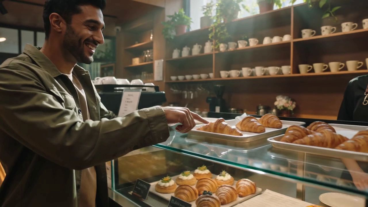 Customer ordering pastries and chatting with a barista in a sunlit café in Shanghai