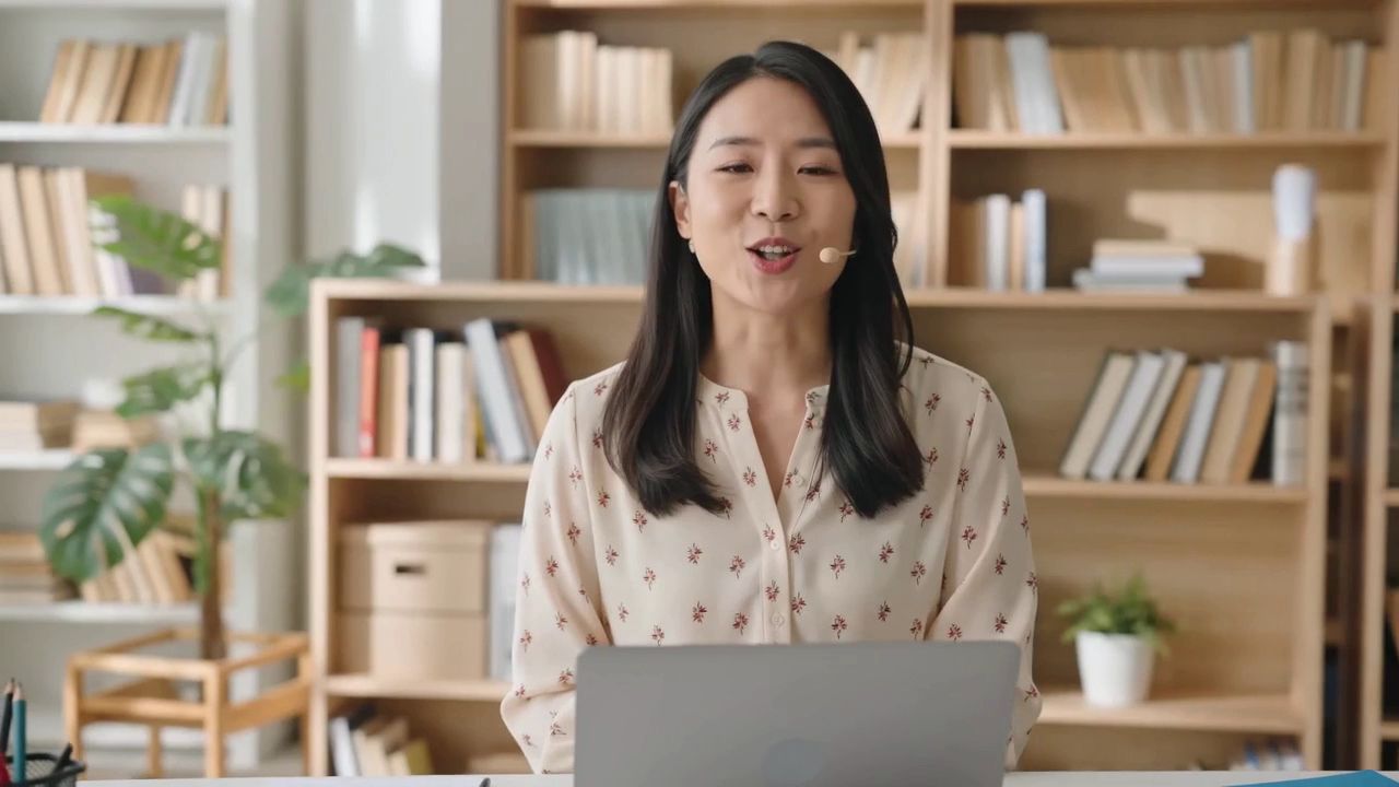 Chinese teacher with a headset explaining warmly to her student during a live online lesson